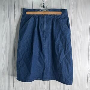 Vintage 1980s Tag LL Bean Denim Skirt Womens 14 Dark Wash Pockets Midi Cotton